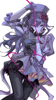 1girl 41shina arm_cutout asahina_mafuyu black_gloves black_pantyhose breasts brown_flower buttons closed_mouth clothing_cutout commentary dress_flower flower gloves hand_on_own_chest hat highres holding holding_string lily_(flower) looking_at_viewer maigo_no_te_wo_hiku_sono_saki_wa_(project_sekai) medium_breasts nurse_cap pantyhose project_sekai purple_eyes purple_gloves purple_hair purple_hat red_flower simple_background solo string white_background white_flower