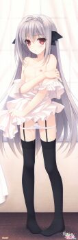 1girl absurdres apron black_thighhighs blush breasts cum cum_on_arm cum_on_body cum_on_breasts cum_on_legs cum_on_upper_body curtains dakimakura_(medium) embarrassed facial female_focus full_body garter_straps gluteal_fold head_tilt highres huge_filesize long_hair long_image looking_at_viewer nearly_naked_apron nipples no_bra panties panty_pull parted_lips pussy pussy_juice pussy_peek red_eyes sakurakouji_luna simple_background small_breasts solo standing suzuhira_hiro tall_image tareme thighhighs topless_female tsuki_ni_yorisou_otome_no_sahou underwear very_long_hair white_background white_hair white_panties window