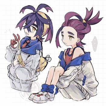 ... black_hair blue_shirt blue_socks closed_mouth collared_shirt crossed_bangs gloves grid_background hair_between_eyes highres hugging_own_legs jacket kieran_(pokemon) knoerakgk31 long_sleeves male_focus mole mole_on_neck multiple_views nintendo off_shoulder open_clothes open_jacket open_mouth partially_fingerless_gloves pokemon pokemon_sv purple_hair red_tank_top shirt shoes shorts simple_background single_glove sitting socks spoken_ellipsis tank_top v white_background white_shoes yellow_bag yellow_eyes