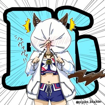 1girl animal_ears bikini blue_bikini blue_swim_trunks brown_hair cheval_grand_(summer_calm_navy_drop)_(umamusume) cheval_grand_(umamusume) cowboy_shot ears_through_hood embarrassed emphasis_lines highres horse_ears horse_girl multicolored_hair navel official_alternate_costume piyoko_kankan solo streaked_hair swimsuit twitter_username umamusume white_streaks x_navel