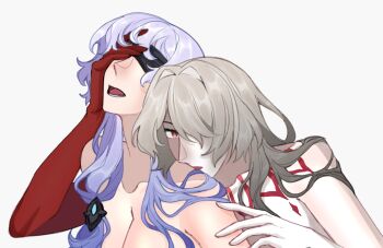 2girls acheron_(honkai:_star_rail) bare_shoulders biting black_swan_(honkai:_star_rail) blindfold blue_eyes blush breasts charathegay cleavage collarbone colored_extremities completely_nude couple hair_over_one_eye hashtag-only_commentary highres honkai:_star_rail honkai_(series) large_breasts long_hair multicolored_hair multiple_girls neck_biting nude official_alternate_color open_mouth purple_hair red_hands streaked_hair very_long_hair yuri