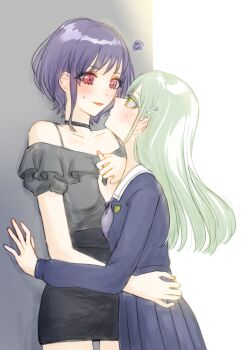 Rule 34 | 2girls, against wall, bang dream!, bang dream! it's mygo!!!!!, black skirt, blue shirt, blue skirt, blush, commentary, eye contact, frilled shirt, frills, green hair, grey shirt, hair ornament, hairclip, hand on another's waist, highres, holding hands, long hair, looking at another, multiple girls, off-shoulder shirt, off shoulder, open mouth, parted lips, pink eyes, pleated skirt, purple hair, shirt, short hair, short sleeves, skirt, squiggle, wakaba mutsumi, yellow eyes, yrp igh, yuri, yuutenji nyamu