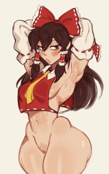 1girl armpits arms_behind_head arms_up ascot blush bottomless bow breasts brown_eyes brown_hair commentary curvy detached_sleeves english_commentary female_pubic_hair hair_bow hakurei_reimu highres long_hair mdblues medium_breasts navel open_mouth pubic_hair pussy red_bow red_shirt ribbon-trimmed_sleeves ribbon_trim shirt sideboob sidelocks simple_background solo touhou white_background wide_hips yellow_ascot