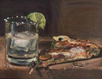 alcohol cheese commentary cup drinking_glass english_commentary food food_focus fruit highres ice ice_cube lime_(fruit) lime_slice no_humans noah_verrier original pizza pizza_slice still_life tequila