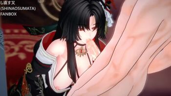 1boy 1girl 3d animated ass bare_shoulders black_hair black_kimono breasts breasts_out cheek_bulge choker clothed_female_nude_male completely_nude cum cum_in_mouth deepthroat fellatio formal_clothes from_above from_side gokkun gold hair_ornament hair_ribbon head_tilt hotori_(nte) indoors japanese_clothes jewelry kimono kneeling koikatsu_(medium) large_breasts long_hair long_sidelocks looking_at_another looking_at_penis looking_down looking_up mature_female muscular muscular_male necklace neverness_to_everness nipples nude off_shoulder open_clothes open_kimono oral orange_eyes parted_bangs penis raised_eyebrows ribbon rug saliva saliva_trail shinaosumata shiny_penis shiny_skin side_ponytail sidelocks standing swallowing table tagme throat_bulge very_long_hair video