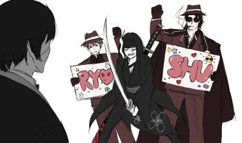 1girl 3boys bags_under_eyes black_coat black_hair black_sash blade_lineage_(identity)_(project_moon) blank_eyes blonde_hair breasts character_name cigar cleavage clenched_hand coat coat_on_shoulders commentary english_commentary fedora formal_clothes from_behind gloves hand_up hat highres holding holding_paper holding_sword holding_weapon hvcassini98 japanese_clothes kimono kurokumo_clan_(identity)_(project_moon) limbus_company looking_to_the_side meursault_(project_moon) multiple_boys necktie official_alternate_costume ootachi open_clothes open_coat pants paper project_moon red_coat red_necktie red_pants red_suit ryoshu_(project_moon) sash shirt short_hair shoulder_tattoo sinclair_(project_moon) smoke smoking suit sword tattoo thumb_(identity)_(project_moon) tinted_eyewear v-shaped_eyebrows weapon weapon_on_back white_kimono white_shirt white_trim yi_sang_(project_moon)