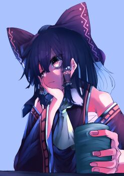 1girl absurdres aqua_background arm_rest ascot black_hair bored bow chest_sarashi closed_mouth collared_shirt contrast_collar cup detached_sleeves frilled_hair_tubes frills hair_between_eyes hair_bow hair_tubes hakurei_reimu hand_on_own_cheek hand_on_own_face highres holding holding_cup large_bow medium_hair muraryo one-hour_drawing_challenge ponytail red_bow red_shirt sarashi shirt solo table touhou yellow_ascot yunomi