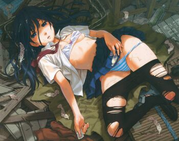 1girl after_rape aftersex artist_name black_footwear black_pantyhose blue_eyes blue_hair blue_skirt bow bow_bra bra bra_lift breasts bukkake clothes_lift comic_kairakuten condom condom_wrapper cum cum_on_body cum_on_clothes cum_on_hair cum_on_lower_body cum_on_upper_body cumdump dazed empty_eyes facial feet female_focus highres holding holding_condom lingerie long_hair looking_at_viewer loose_necktie lying multiple_condoms naruko_hanaharu necktie nipples on_back open_clothes open_shirt panties pantyhose parted_lips pleated_skirt rape red_necktie scan school_uniform shirt shoe_dangle short_sleeves skirt small_breasts solo striped_clothes striped_panties torn_clothes torn_pantyhose underwear used_condom white_bra white_shirt