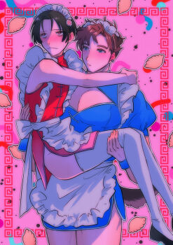 2boys asamine_matakara black_hair blue_eyes blush brown_hair bucchigiri?! carrying carrying_person chinese_clothes cleavage_cutout closed_mouth clothing_cutout commentary_request cropped_legs frills highres jukuta_tsu maid_headdress male_focus meandros meandros_border multiple_boys pectorals pink_background princess_carry puffy_sleeves red_eyes shirt short_hair sleeveless sleeveless_shirt thighhighs tomoshibi_arajin upper_body white_thighhighs yaoi