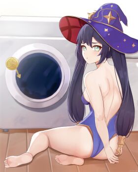 1girl aqua_eyes arrow_(symbol) back_cutout bad_id bad_pixiv_id barefoot breasts clothing_cutout coin commentary feet from_behind genshin_impact hat highres leotard long_hair looking_back mockingeu mona_(genshin_impact) on_floor purple_hair purple_hat purple_leotard sitting soles solo toes twintails washing_machine witch_hat yokozuwari