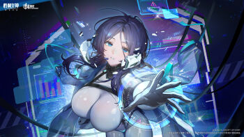 1girl absurdres blue_eyes blue_hair bodysuit breasts chinese_commentary coat commentary_request copyright_name cropped floating floating_object goddess_of_victory:_nikke highres holographic_interface large_breasts long_hair looking_at_viewer microphone official_art open_clothes open_coat painted_skin_(nikke) parted_bangs parted_lips reaching reaching_towards_viewer solo white_bodysuit white_coat