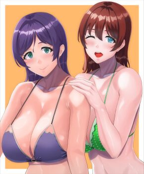 2girls absurdres aqua_eyes bare_arms bikini blush border breasts brown_hair cleavage collarbone commentary_request earrings emma_verde freckles green_bikini highres jewelry large_breasts love_live! love_live!_nijigasaki_high_school_idol_club mizuno_kakeru multiple_girls navel open_mouth orange_background purple_bikini purple_hair side-tie_bikini_bottom smile solo string_bikini stud_earrings swimsuit tojo_nozomi white_border