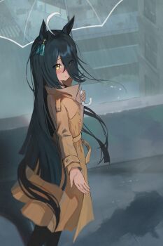 1girl absurdres ahoge animal_ears black_hair black_pants blush brown_coat coat dev_grater ear_tag earrings hair_between_eyes highres holding holding_umbrella horse_ears horse_girl horse_tail jewelry long_bangs long_hair long_hair_between_eyes long_sleeves looking_at_viewer manhattan_cafe_(umamusume) multicolored_hair outdoors pants parted_lips rain single_earring solo tail trench_coat umamusume umbrella very_long_hair white_hair yellow_eyes