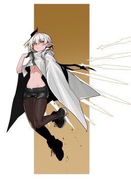 1girl absurdres bare_arms belt black_belt black_boots black_gloves black_pantyhose black_shorts blush boots braid breasts cape commentary english_commentary full_body gloves groin hair_between_eyes half_gloves highres horns jewelry less looking_at_viewer navel necklace orange_eyes original pantyhose pantyhose_under_shorts pointy_ears short_hair short_shorts shorts simple_background single_horn small_breasts solo stomach underboob white_cape white_hair