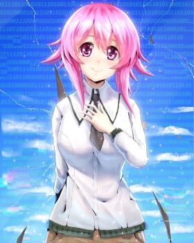 1girl blush breasts brown_shorts casual chaos;child crack crying dress_shirt glitch hand_on_own_chest highres large_breasts long_hair looking_at_viewer necktie onoe_serika optaku pink_eyes pink_hair sad_smile school_uniform science_adventure shiny_lips shirt short_hair short_necktie shorts sky smile solo tearing_up