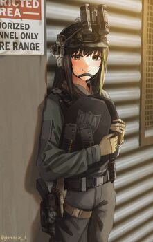 1girl black_hair brown_eyes combat_helmet dgkamikaze english_text girls&#039;_frontline girls&#039;_frontline_2:_exilium gun handgun helmet highres holding holster long_hair looking_at_viewer m4a1_(girls&#039;_frontline) military_operator military_uniform night_vision_device restriction_sign smile thigh_holster weapon
