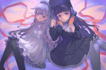 2girls absurdres black_bonnet black_dress black_pantyhose blue_eyes bonnet chest_jewel dress frilled_dress frills gem gothic_lolita gradient_hair grey_dress grey_hair grey_pantyhose highres holding_hands hololive hololive_english interlocked_fingers kiwwwwwi koseki_bijou lolita_fashion long_hair multicolored_hair multiple_girls ninomae_ina&#039;nis orange_hair pantyhose petticoat purple_eyes purple_gemstone purple_hair purple_ribbon ribbon tentacle_hair virtual_youtuber
