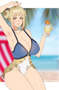 1girl absurdres arm_up armpits beach blonde_hair blush braid braided_bun breasts cleavage closed_mouth collarbone commentary cosplay cryptid_crab cup double_bun drink drinking_glass english_commentary fingernails fire_emblem fire_emblem_heroes forehead_jewel gradient_hair green_eyes hair_bun henriette_(fire_emblem) highres holding holding_cup holding_drink huge_breasts jewelry lips looking_at_viewer multicolored_hair nintendo official_alternate_costume one-piece_swimsuit outdoors pink_hair pink_lips short_hair sidelocks smile solo swimsuit tana_(fire_emblem) tana_(fire_emblem)_(cosplay) tana_(noble_and_nimble)_(fire_emblem) thighs twitter_username