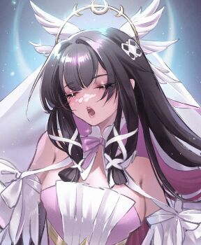 1girl alternate_costume black_hair bridal_veil closed_eyes columbina_(genshin_impact) commentary falling_petals genshin_impact glowing head_wings highres leotard long_hair multicolored_hair petals pink_hair pink_leotard princess_ailish solo two-tone_hair veil very_long_hair wings