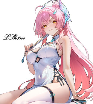 Rule 34 | 1girl, absurdres, aemeath (wuthering waves), ahoge, alternate costume, bare shoulders, blush, breasts, china dress, chinese clothes, closed mouth, clothing cutout, commentary, covered navel, cutout above navel, dress, folded fan, folding fan, hair ornament, hand fan, high heels, highres, holding, holding fan, large breasts, long hair, looking at viewer, lsh1ne, no panties, orange eyes, pink hair, side slit, signature, simple background, single thighhigh, sitting, smile, solo, star-shaped pupils, star (symbol), symbol-shaped pupils, thighhighs, thighs, wariza, white background, white dress, white thighhighs, wuthering waves