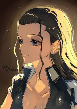 1girl absurdres black_hair blue_eyes closed_mouth commentary eyelashes hair_slicked_back high_collar highres long_hair looking_ahead nico_robin one_piece sc_scandium sidelighting smile solo twitter_username upper_body