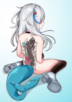 1girl absurdres back_tattoo black_thighhighs blue_hair commentary_request fins fish_tail fish_tattoo gawr_gura gradient_background grey_hair hair_ornament highres hololive hololive_english loli multicolored_hair nude rei_(2812q) shark_girl shark_tail shoes sitting solo streaked_hair tail tattoo thighhighs virtual_youtuber