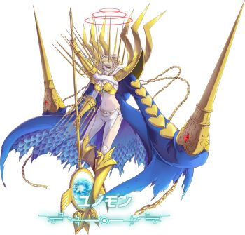 1girl armor bandai blonde_hair blue_cape blue_eyes breastplate breasts cape character_name cleavage cowboy_shot crown digimon digimon_(creature) digimon_story:_time_stranger double_bun full_body gold_armor hair_bun halo holding holding_staff junomon large_breasts looking_at_viewer mask mouth_mask official_art polearm sasaki_shin shiny_skin shoulder_armor solo staff translated transparent_background weapon wide_hips