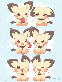 :d apple artist_name blue_background blush closed_eyes commentary_request drooling eating food fruit gen_2_pokemon highres holding holding_food mugita_konomi nintendo no_humans open_mouth pichu pokemon pokemon_(creature) polka_dot polka_dot_background red_eyes sharing smile stomach_growling