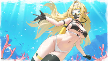 1girl arm_strap armpits artist_name bare_shoulders bikini black_bikini black_choker black_gloves black_thighhighs blonde_hair blue_eyes breasts bubble choker commentary commission coral coral_reef dhokidoki elf english_commentary eyepatch_bikini gloves gluteal_fold goggles hair_intakes highres large_breasts long_hair navel original pointy_ears school_of_fish scuba_gear scuba_tank signature solo stomach swimsuit thigh_gap thigh_strap thighhighs twitter_username underwater very_long_hair wavy_hair white_bikini
