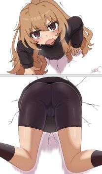 1girl aisaka_taiga ass bike_shorts black_shirt black_shorts black_socks blush brown_eyes brown_hair cameltoe crack cracked_wall fang female_focus highres koonowen loli long_hair looking_at_viewer open_mouth shirt shorts signature socks solo stuck through_wall tight_clothes toradora! trembling