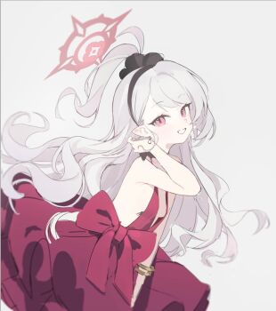 1girl bare_shoulders black_hairband blue_archive bow bow_choker breasts choker commentary dress earrings from_side grey_background grin hair_behind_ear hairband halo hand_up highres jewelry long_hair looking_at_viewer mutsuki_(blue_archive) mutsuki_(dress)_(blue_archive) official_alternate_costume one_side_up pointy_ears red_dress red_eyes red_halo sideboob simple_background sleeveless sleeveless_dress small_breasts smile solo tucking_hair upper_body wavy_ends white_hair yushan_liang_sheng
