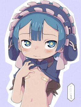 ... 1boy arm_behind_back bandaid bandaids_on_nipples blue_bow blue_bowtie blue_capelet blue_eyes blue_hair blue_hairband blush bow bowtie bright_pupils capelet closed_mouth crossdressing crossdressing_(mtf) embarrassed frilled_hairband frills hairband hand_up highres looking_at_viewer made_in_abyss maid maid_headdress male_focus male_maid maruruk navel outline pasties pouch puffy_short_sleeves puffy_sleeves purple_background short_hair short_sleeves shota simple_background solo sweat sweatdrop trap upper_body wavy_mouth ximu_shilang