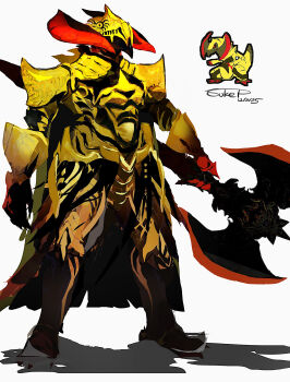 armor axe commentary_request dated gen_5_pokemon haxorus highres holding holding_weapon nintendo personification pokemon pokemon_(creature) reference_inset shadow signature sukepmonster weapon white_background