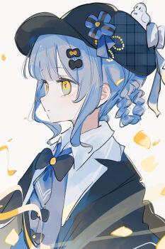 1girl absurdres black_bow black_capelet black_hat blue_hair blue_necktie bow braid braided_hair_rings capelet closed_mouth commentary_request deerstalker expressionless hair_bow hair_rings hat highres mahou_shoujo_no_majo_saiban necktie short_hair simple_background solo tachibana_sherry upper_body white_background yellow_eyes yojine