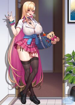 1girl bag black_shoes blonde_hair blue_choker boryeon_(last_origin) breasts brown_thighhighs bursting_breasts button_gap choker cleavage clothing_aside collarbone collared_shirt colored_inner_hair crossed_legs curvy earrings egg_vibrator full_body gonster gyaru heart heart-shaped_pupils heavy_breathing highres huge_breasts indoors jewelry korean_commentary last_origin long_hair looking_at_viewer miniskirt multicolored_hair necklace object_insertion official_alternate_costume panties panties_aside panty_straps partially_unbuttoned pink_hair plaid_clothes plaid_skirt plant potted_plant purple_eyes ring school_bag scrunchie sex_toy shirt shirt_tucked_in shoes skirt solo standing stuffed_animal stuffed_toy symbol-shaped_pupils taut_clothes taut_shirt teddy_bear thighhighs tongue tongue_out two-tone_hair underwear vaginal vaginal_object_insertion very_long_hair vibrator vibrator_under_clothes white_shirt wrist_scrunchie zettai_ryouiki