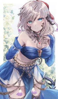 1girl au_ra bare_shoulders blue_eyes blue_sleeves blue_tube_top boots bow breasts bridal_gauntlets commentary_request dancer_(final_fantasy) detached_sleeves dragon_girl dragon_horns dragon_tail final_fantasy final_fantasy_xiv green_eyes grey_hair hair_bow heterochromia horns jewelry lena_(lenafenrir1) looking_at_viewer midriff necklace pelvic_curtain scales skirt solo strapless tail thigh_boots tube_top warrior_of_light_(ff14) white_skirt