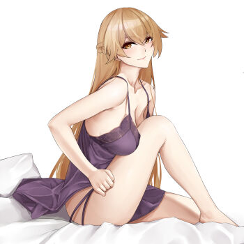 1girl absurdres alternate_costume arm_behind_back bare_legs bare_shoulders blonde_hair blush braid breasts brown_eyes casperrin closed_mouth collarbone commentary english_commentary feet_out_of_frame girls&#039;_frontline girls&#039;_frontline_2:_exilium groza_(girls&#039;_frontline_2) highres knee_up legs light_smile lips long_hair looking_at_viewer medium_breasts nightgown ots-14_(girls&#039;_frontline) pillow purple_nightgown side_braid sitting sleepwear solo thighs white_background