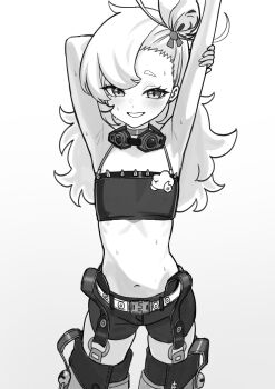 1girl absurdres arm_up armpits arms_behind_head arms_up bare_arms blush choker cropped_shirt detached_pants dot_nose earrings flat_chest goggles goggles_around_neck gradient_background grey_background grin hair_bun highres jewelry loli long_hair looking_at_viewer midriff monochrome navel piper_wheel senapops shirt shorts simple_background sleeveless sleeveless_shirt smile solo spiked_shirt standing stretching sweat thighhighs thighs very_long_hair white_background zenless_zone_zero zettai_ryouiki