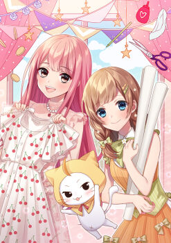 2girls ahoge animal apron bare_arms bare_shoulders bead_necklace beads blue_eyes blue_sky blunt_bangs bobo_(miracle_nikki) bow bow_apron bowtie braid brown_eyes brown_hair buttons cat cherry_print cloak closed_mouth clothed_animal cloud coin collared_dress commentary_request corset cowboy_shot curtains dot_nose dress ear_covers floral_print flower food_print frilled_shirt frills fruit_print garland_(decoration) gem gold_coin green_bow green_corset hair_bow hair_flower hair_ornament hair_over_shoulder hairclip happy holding holding_scroll holding_unworn_clothes holding_unworn_dress hood hood_up hooded_cloak jewelry light_blush long_hair miracle_nikki momo_(nikki) multiple_girls navel necklace nikki_(nikki) nikki_(series) open_mouth orange_apron orange_bow outline parallel_hairclips pink_hair pink_shirt pink_skirt pleated_skirt print_dress print_shirt print_skirt red_bow red_bowtie red_gem rose_print scissors scroll shirt sidelocks skirt skirt_set sky sleeveless sleeveless_dress sleeveless_shirt smile star_(symbol) straight_hair teeth turtleneck turtleneck_shirt twin_braids two-tone_bow unworn_dress upper_teeth_only vertical-striped_corset very_long_hair whiskers white_cat white_dress white_flower white_outline window yellow_cloak yuuhi_mika