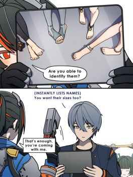 -w- 1boy 6+girls alice_thymefield alice_thymefield_(sea_of_thyme) belle_(summer_skies)_(zenless_zone_zero) belle_(zenless_zone_zero) black_hair blue_eyes closed_eyes dorahdew grace_howard green_hair grey_hair gun highres multicolored_hair multiple_girls nunchaku open_clothes orange_eyes orange_hair qingyi_(zenless_zone_zero) seed_(zenless_zone_zero) short_hair tablet_pc weapon wise_(zenless_zone_zero) zenless_zone_zero zhu_yuan