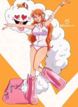 Rule 34 | 1girl, arm up, armpits, bangle, blossom uto, boots, bracelet, breasts, closed eyes, cloud, commentary, earphones, english commentary, full body, heart, heart-shaped eyes, highres, jewelry, leotard, long hair, medium breasts, nami (one piece), official alternate costume, one piece, orange hair, outstretched arms, pink bag, pink boots, shoulder tattoo, sleeveless, smile, standing, standing on one leg, tattoo, thighs, tongue, tongue out, twitter username, wavy hair, white leotard, zeus (one piece)