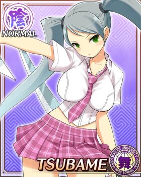 1girl :o arm_at_side arm_up border breasts card_(medium) character_name collared_shirt dual_wielding game_cg green_eyes grey_hair holding holding_sword holding_weapon large_breasts long_hair looking_at_viewer maisen_university_high_school_uniform midriff necktie official_alternate_costume official_art pink_necktie pink_skirt plaid_clothes plaid_necktie plaid_skirt school_uniform senran_kagura senran_kagura_new_wave shirt short_sleeves skirt solo swept_bangs sword thighhighs tsubame_(senran_kagura) twintails weapon white_shirt white_thighhighs