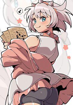 Rule 34 | 1girl, :q, ass, bike shorts, blue eyes, blush, choppy bangs, closed mouth, collar, cowboy shot, dress, elphelt valentine, frilled dress, frills, from behind, grey dress, grey hair, guilty gear, guilty gear strive, hairband, highres, holding, holding paper, itsuka neru, jacket, jacket partially removed, looking at viewer, looking back, musical note, paper, pink collar, pink hairband, pink jacket, short hair, smile, spiked collar, spiked hairband, spikes, spoken musical note, tongue, tongue out, white background, zoom layer