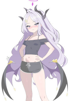 Rule 34 | 1girl, absurdres, ahoge, blue archive, blush, demon girl, demon horns, demon wings, gym uniform, highres, hina (blue archive), horns, long hair, looking at viewer, low wings, navel, purple eyes, runarie, simple background, solo, standing, very long hair, white background, white hair, wings