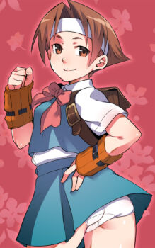 Rule 34 | 1girl, bag, bow, brown eyes, brown hair, em (totsuzen no hakike), female focus, fingerless gloves, gloves, headband, justice gakuen, panties, pink background, pink bow, school uniform, shiritsu justice gakuen, short hair, skirt, smile, solo, taiyou gakuen uniform, underwear, very short hair, wakaba hinata