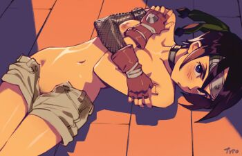 1girl artist_name black_choker blue-tinted_eyewear blush breasts brown_gloves brown_hair brown_shorts choker covering_breasts covering_privates cowboy_shot crossed_arms embarrassed female_pubic_hair final_fantasy fingerless_gloves fishnets forehead_protector gloves green_headband groin hands_on_own_shoulders headband hip_bones looking_at_viewer lying medium_breasts navel nipples no_panties on_back on_ground open_clothes open_fly open_shorts optionaltypo parted_lips pubic_hair pubic_hair_peek purple_eyes ringed_eyes shadow short_hair short_shorts shorts signature solo tinted_eyewear topless_female unzipped wooden_floor yuffie_kisaragi