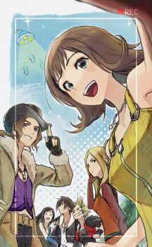 3boys 3girls abduction akatamanegi_ill alien black_gloves black_hair black_hat black_jacket black_pants black_shirt blonde_hair blue_arm_warmers breasts brown_chaps brown_coat brown_hair brown_sleeves closed_eyes coat commentary_request cowboy_hat creature cropped_jacket detached_sleeves facial_tattoo final_fantasy final_fantasy_viii fingerless_gloves fur-trimmed_coat fur_trim gloves green_eyes grin hand_in_own_hair hat highres holding_another's_arm irvine_kinneas jacket jewelry long_hair low_ponytail medium_breasts midriff_peek multicolored_hair multiple_boys multiple_girls necklace open_mouth orange_skirt orange_vest overalls pants parted_bangs parted_lips ponytail pupu_(ff8) purple_vest quistis_trepe recording rinoa_heartilly salute selphie_tilmitt shirt short_hair skirt smile spacecraft squall_leonhart streaked_hair tattoo teeth two-finger_salute updo upper_body upper_teeth_only vest viewfinder white_shirt yellow_overalls zell_dincht