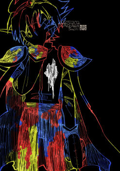 1boy aizawa_sachi artist_name black_background cape captain_spaceboy commentary_request dated fingerless_gloves gloves hand_over_face long_sleeves male_focus omori pants short_hair simple_background solo