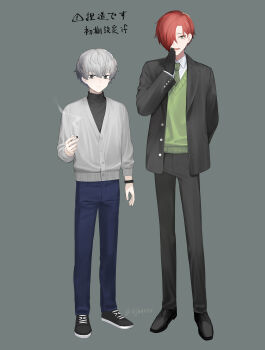 2boys :d absurdres between_fingers black_jacket black_pants black_shirt black_shoes blue_pants cigarette closed_mouth collared_shirt commentary_request green_eyes green_necktie grey_background grey_eyes grey_hair grey_jacket hair_over_one_eye hand_to_own_mouth highres holding holding_cigarette jacket jh male_focus multiple_boys necktie open_clothes open_jacket open_mouth original pants red_hair sharp_teeth shirt shoes simple_background smile smoke sweater_vest teeth translation_request white_shirt