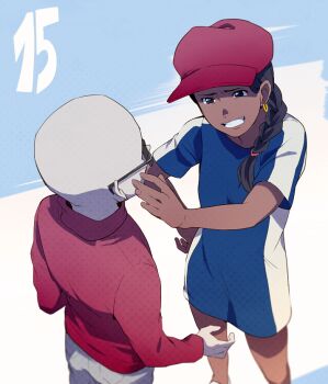 1boy 1girl bald black_hair blue_shirt braid child codename:_kids_next_door commentary_request dark-skinned_female dark_skin earrings grin hand_on_own_hip hat hoop_earrings jewelry long_hair long_sleeves numbuh_1 numbuh_5 open_mouth red_hat red_shirt shirt short_sleeves shorts single_braid smile sunglasses t_k_g teeth